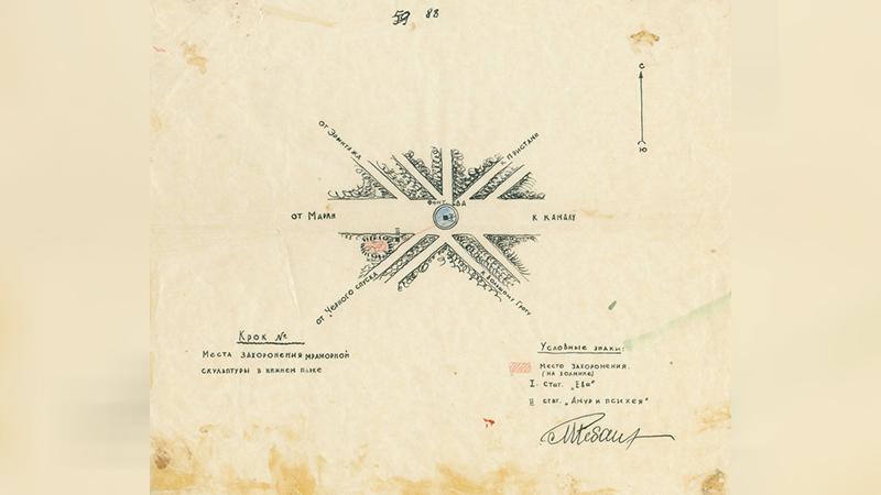 Кроки с указанием мест захоронения скульптуры  Фото: ГМЗ «Петергоф» в vk.com