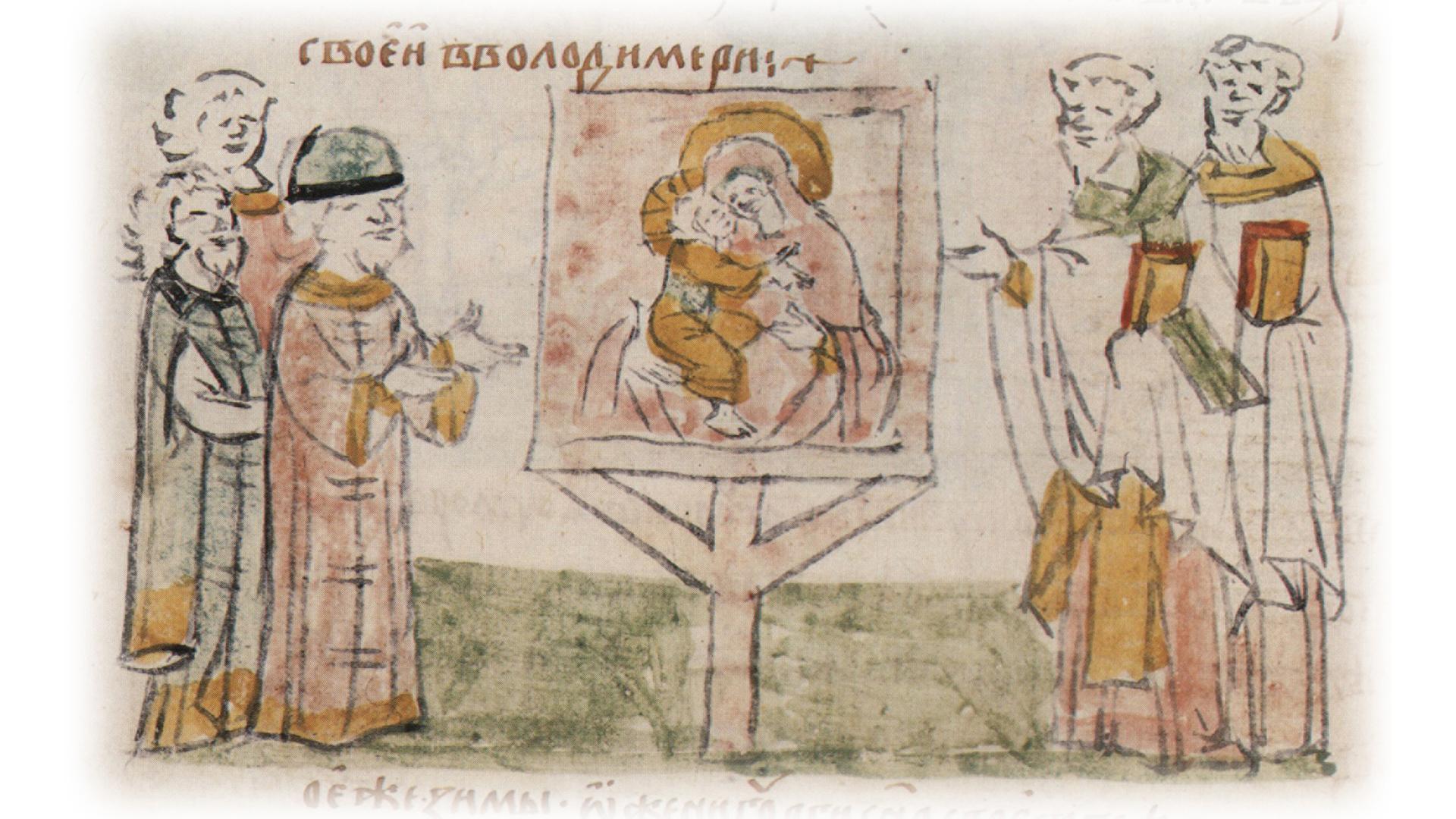 Поставление Андреем Боголюбским иконы Богоматери во Владимирской Богородцкой церкви в 1158—1160 годах. Миниатюра Радзивилловской летописи, конец XV века  Фото: общественное достояние